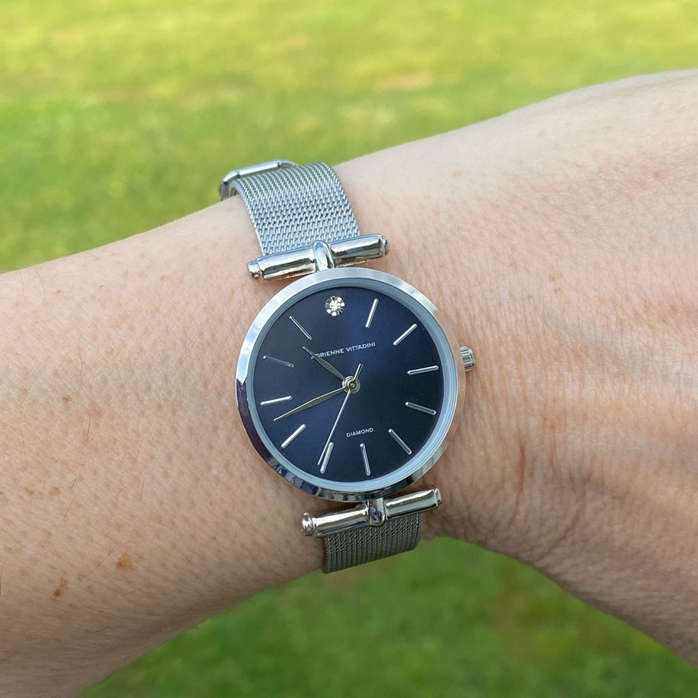 Adrienne Vittadini genuine Diamond watch Silver Mesh band blue face NIB